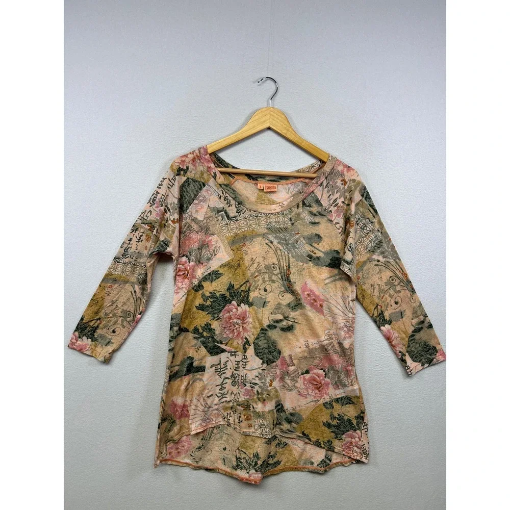 Tianello Boho Art to Wear Womens Large Peach Floral Calligraphy Livia Tunic Top
